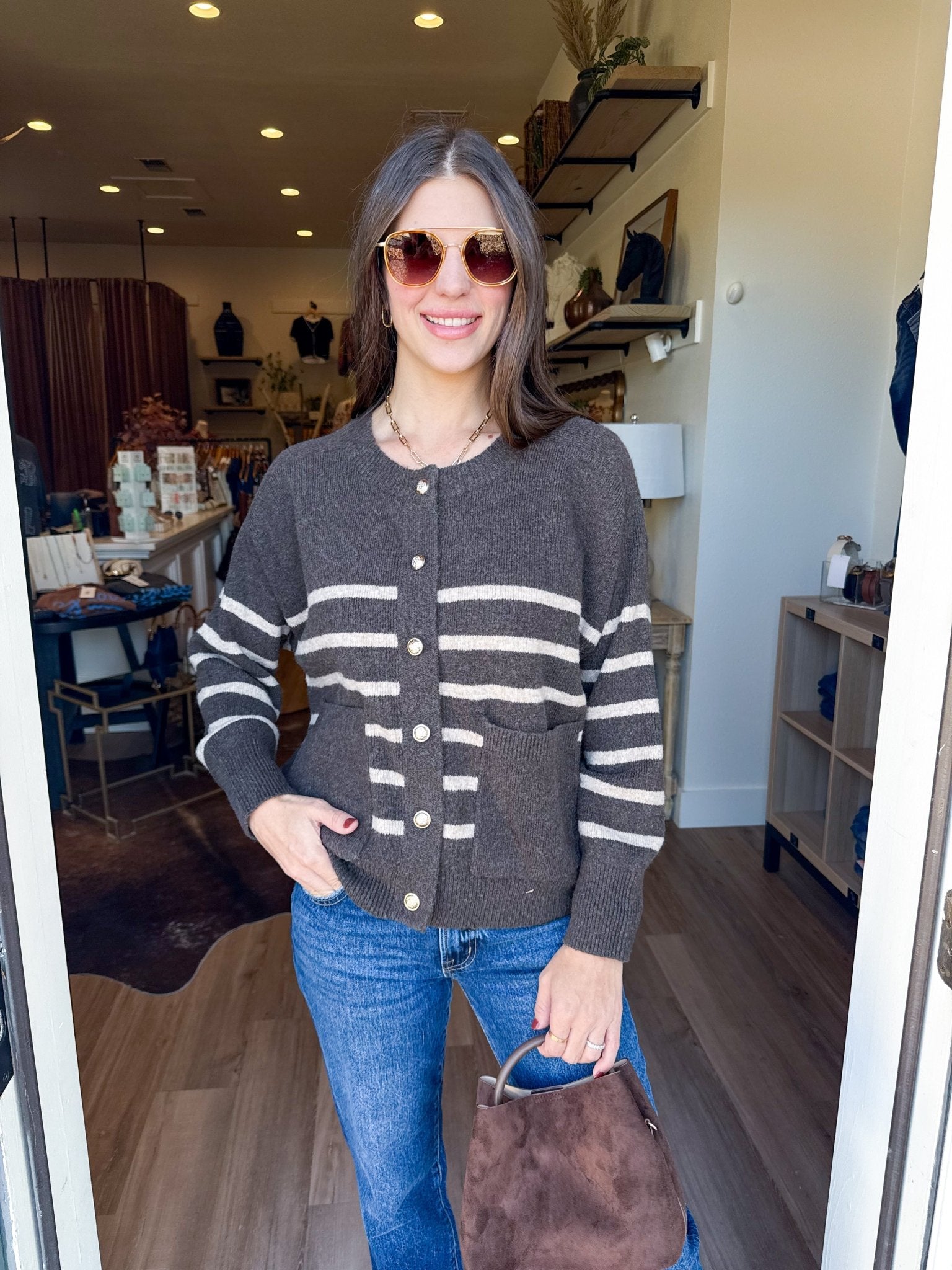 Striped Gold Button Cardigam - Elk + Elm