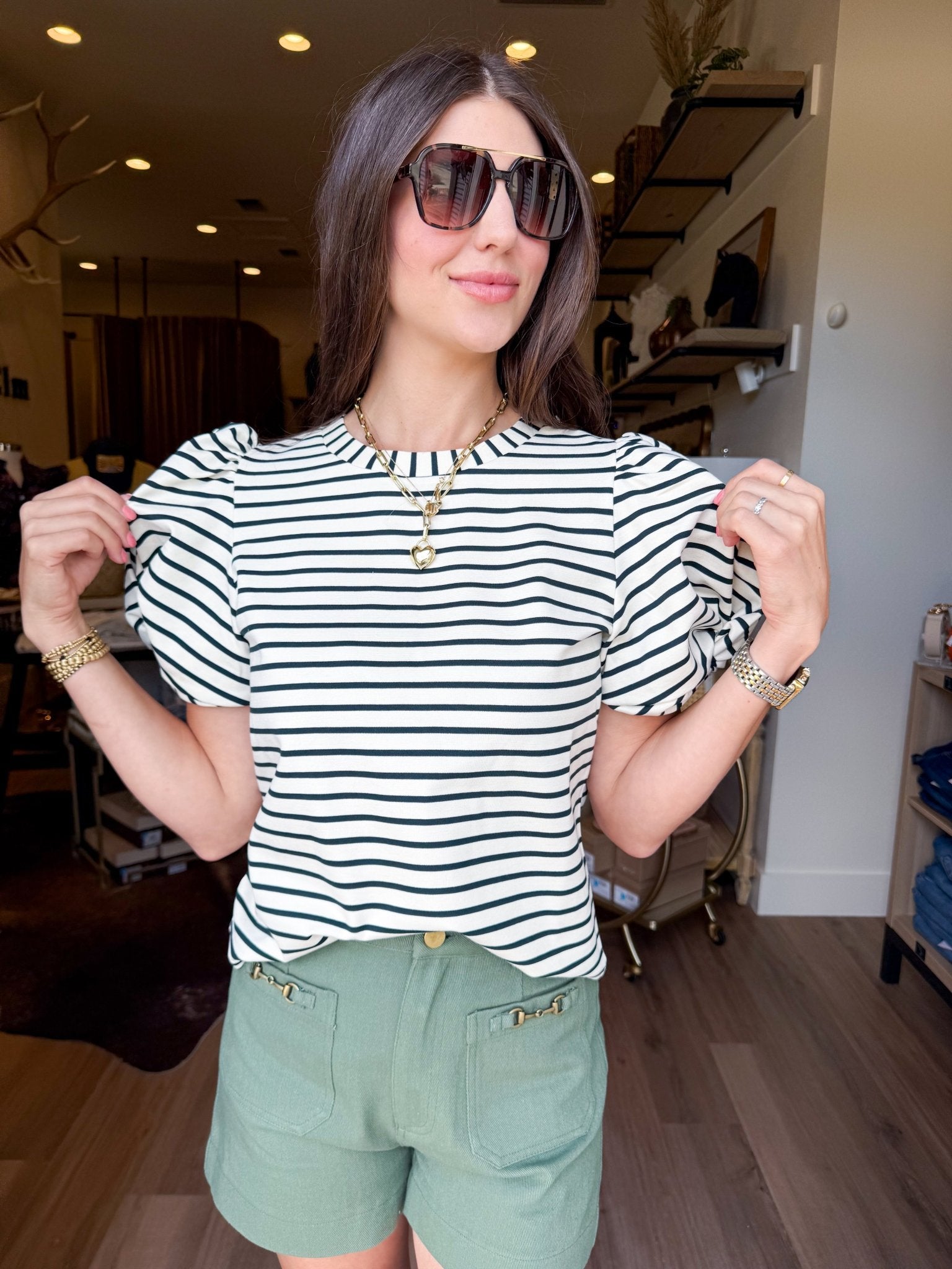 Striped Puff Sleeve Tee - Elk + Elm