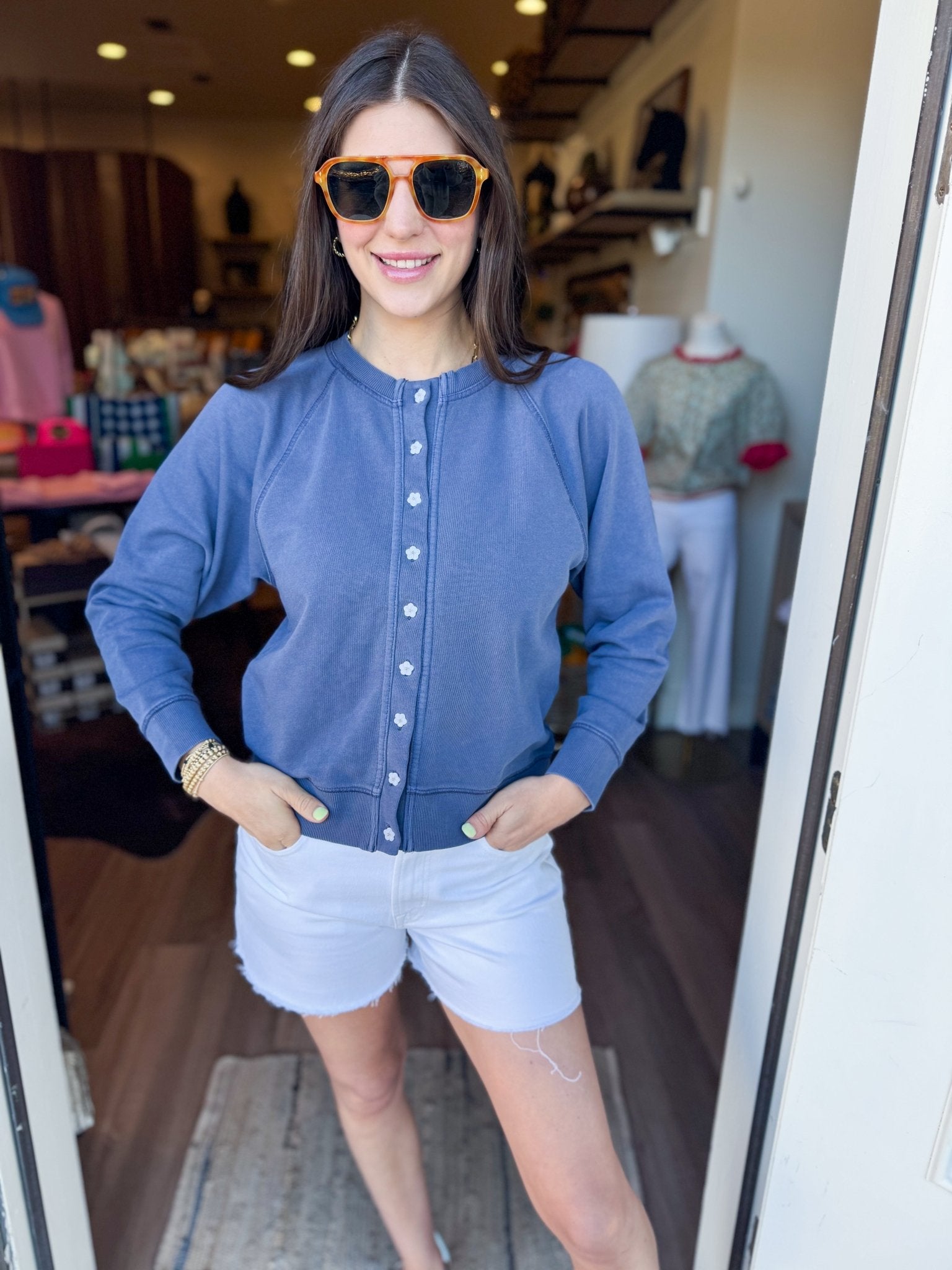 Vintage Wash Flower Button Cardigan - Indigo - Elk + Elm