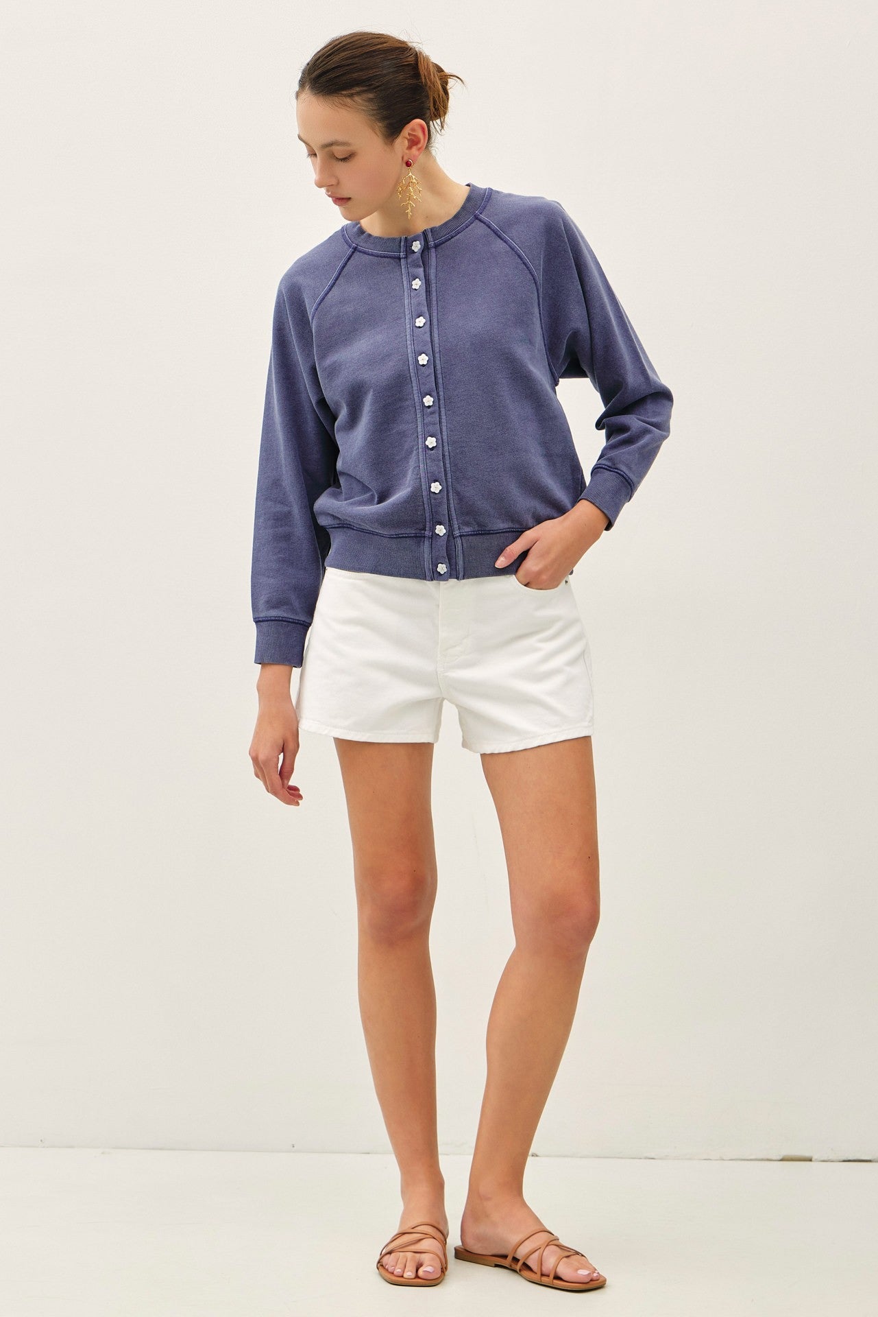 Vintage Wash Flower Button Cardigan - Indigo - Elk + Elm