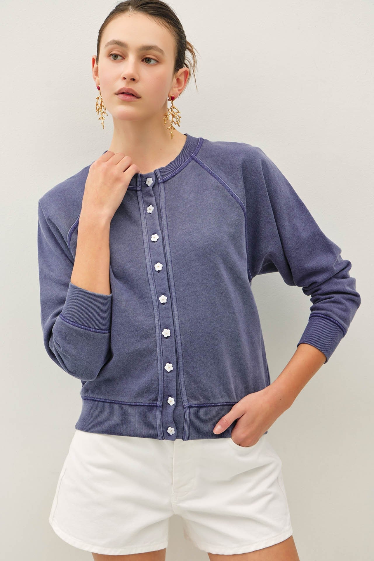 Vintage Wash Flower Button Cardigan - Indigo - Elk + Elm