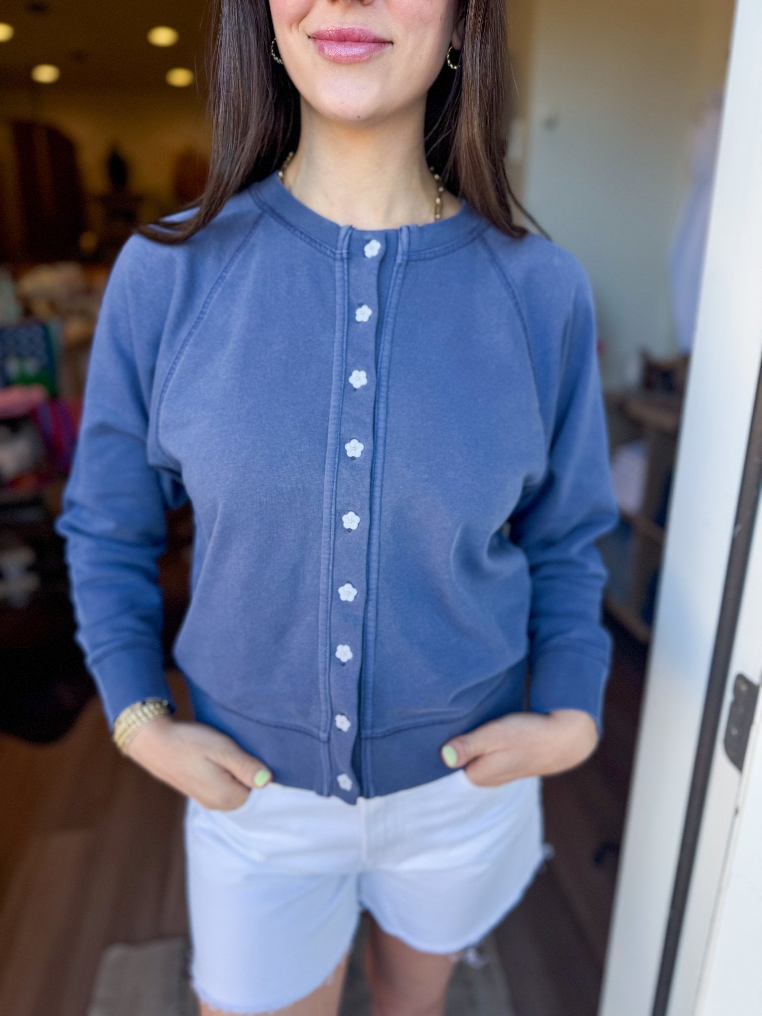 Vintage Wash Flower Button Cardigan - Indigo - Elk + Elm