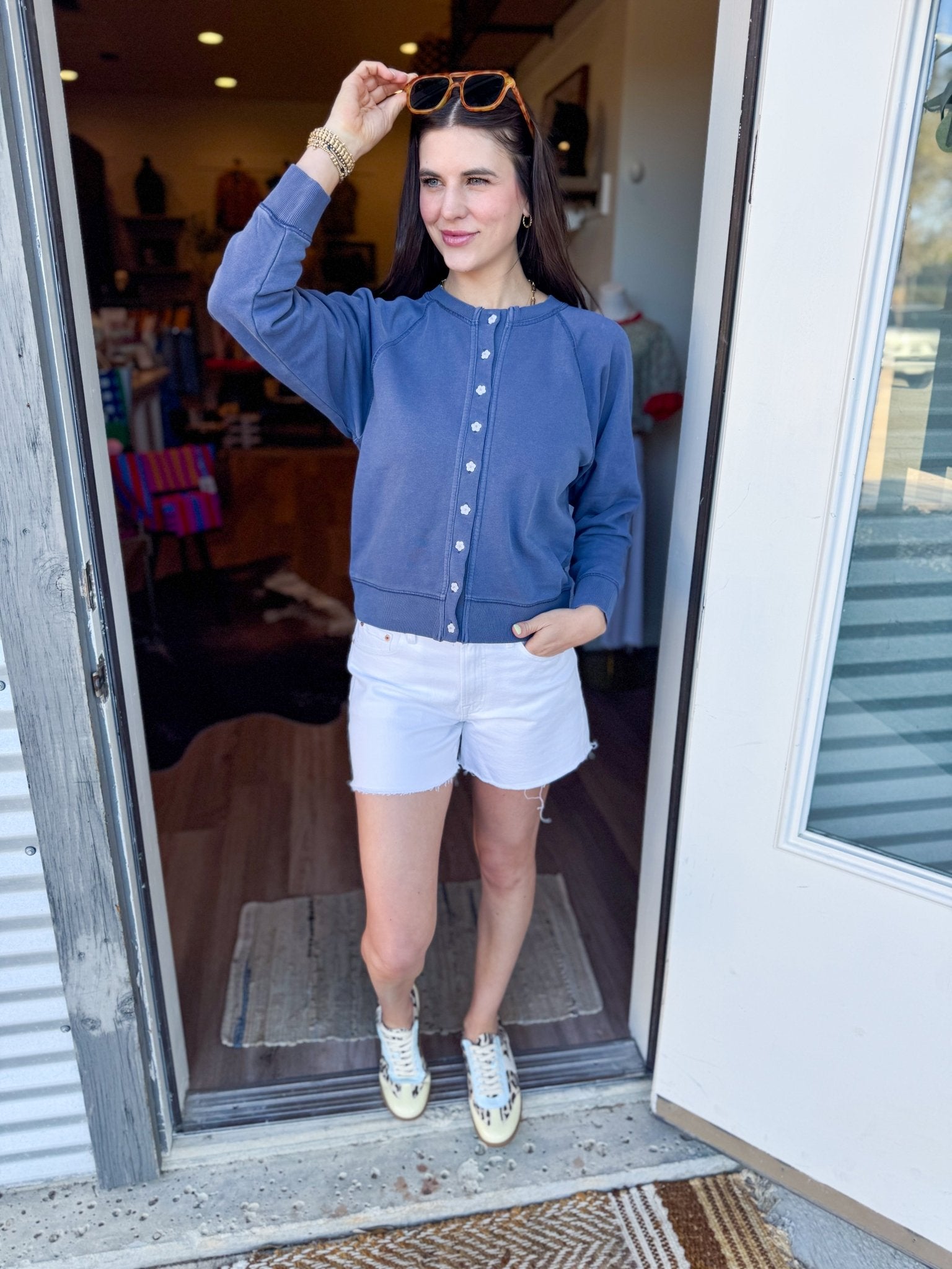 Vintage Wash Flower Button Cardigan - Indigo - Elk + Elm