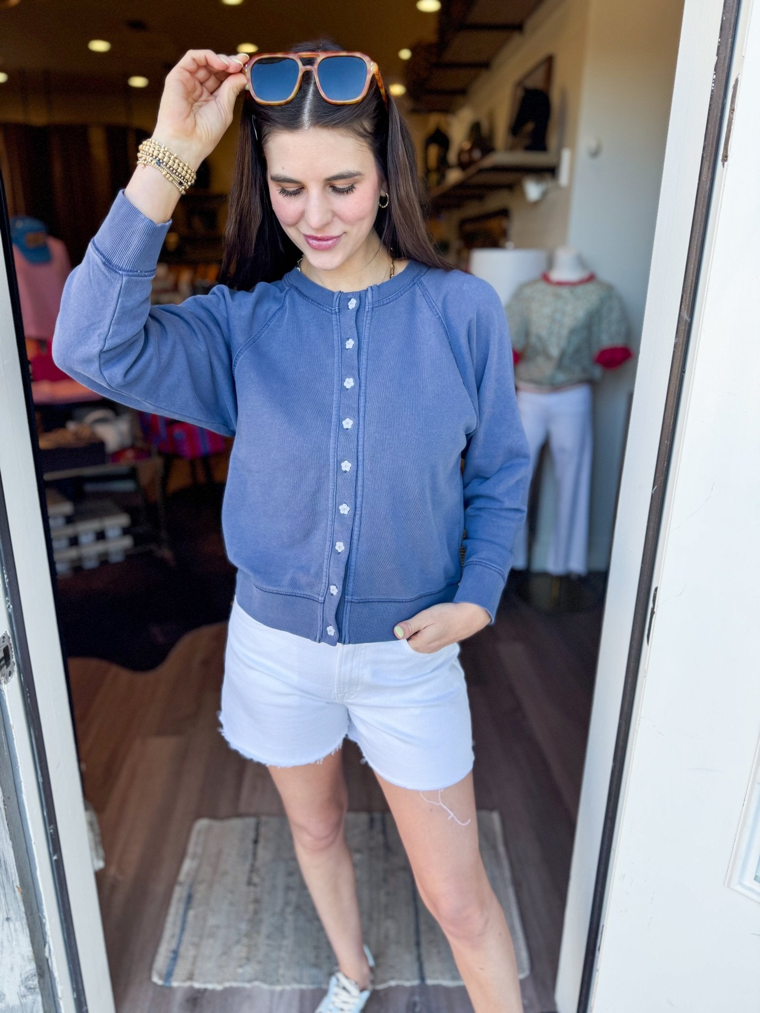 Vintage Wash Flower Button Cardigan - Indigo - Elk + Elm