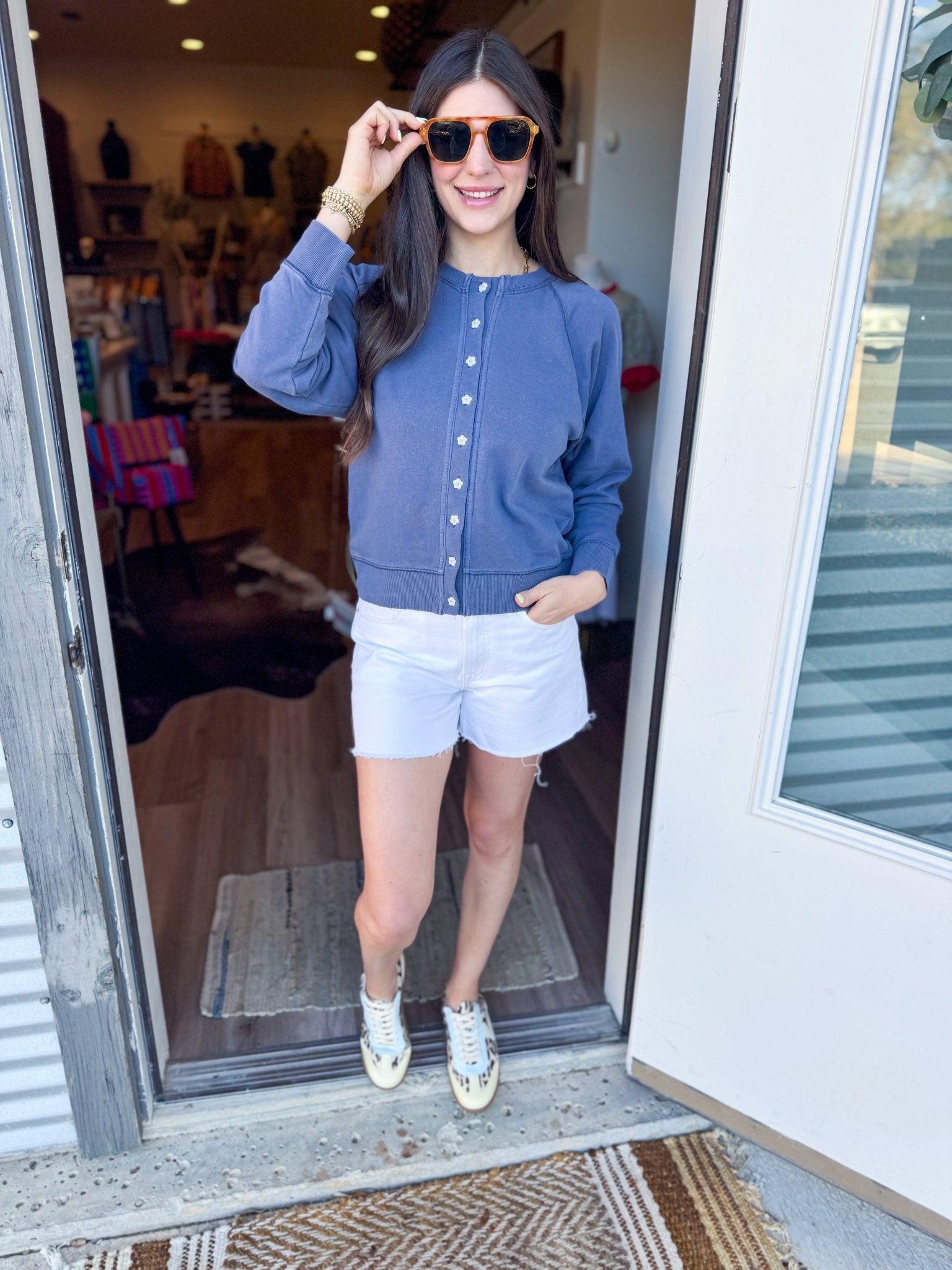 Vintage Wash Flower Button Cardigan - Indigo - Elk + Elm
