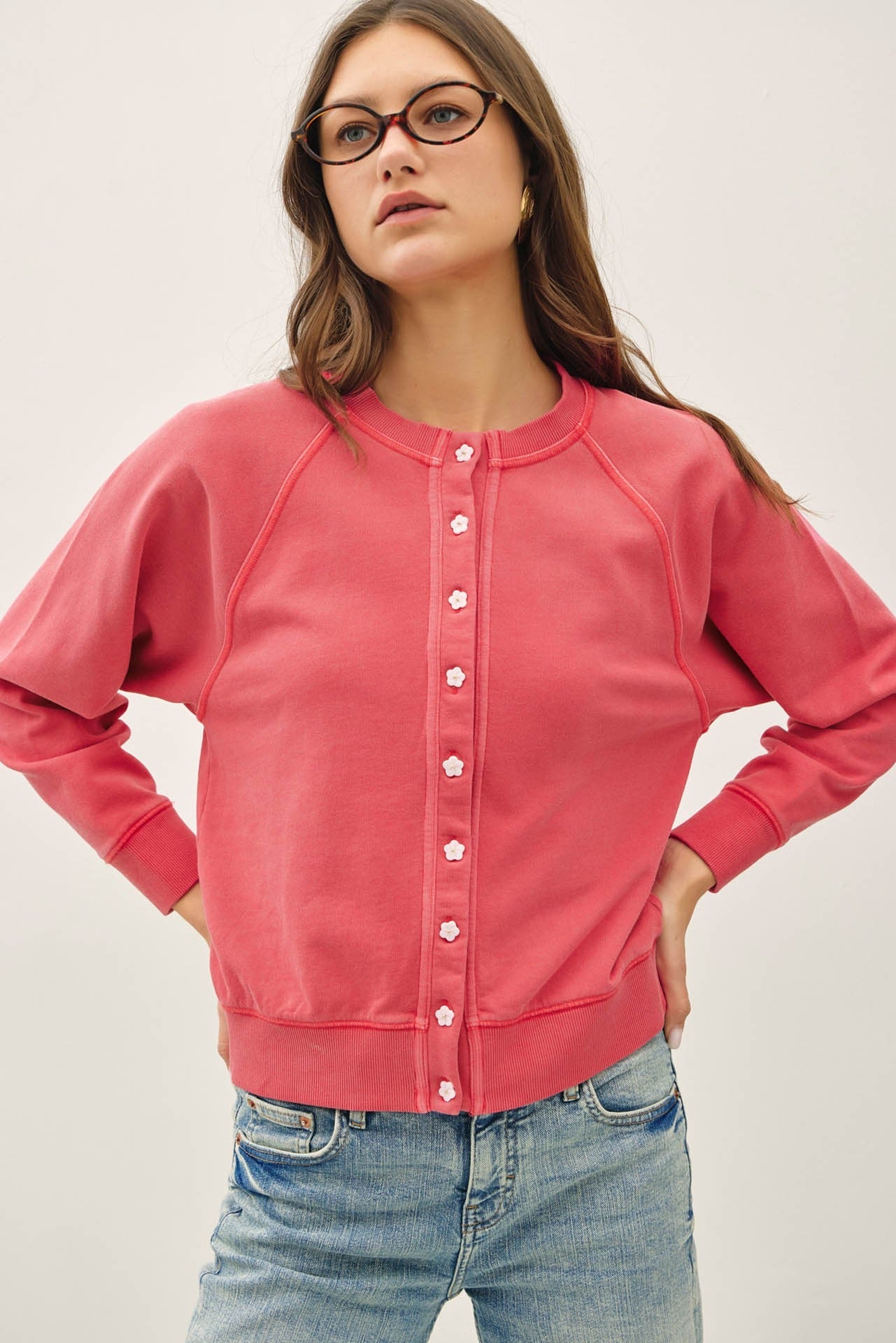 Vintage Wash Flower Button Cardigan – Poppy - Elk + Elm