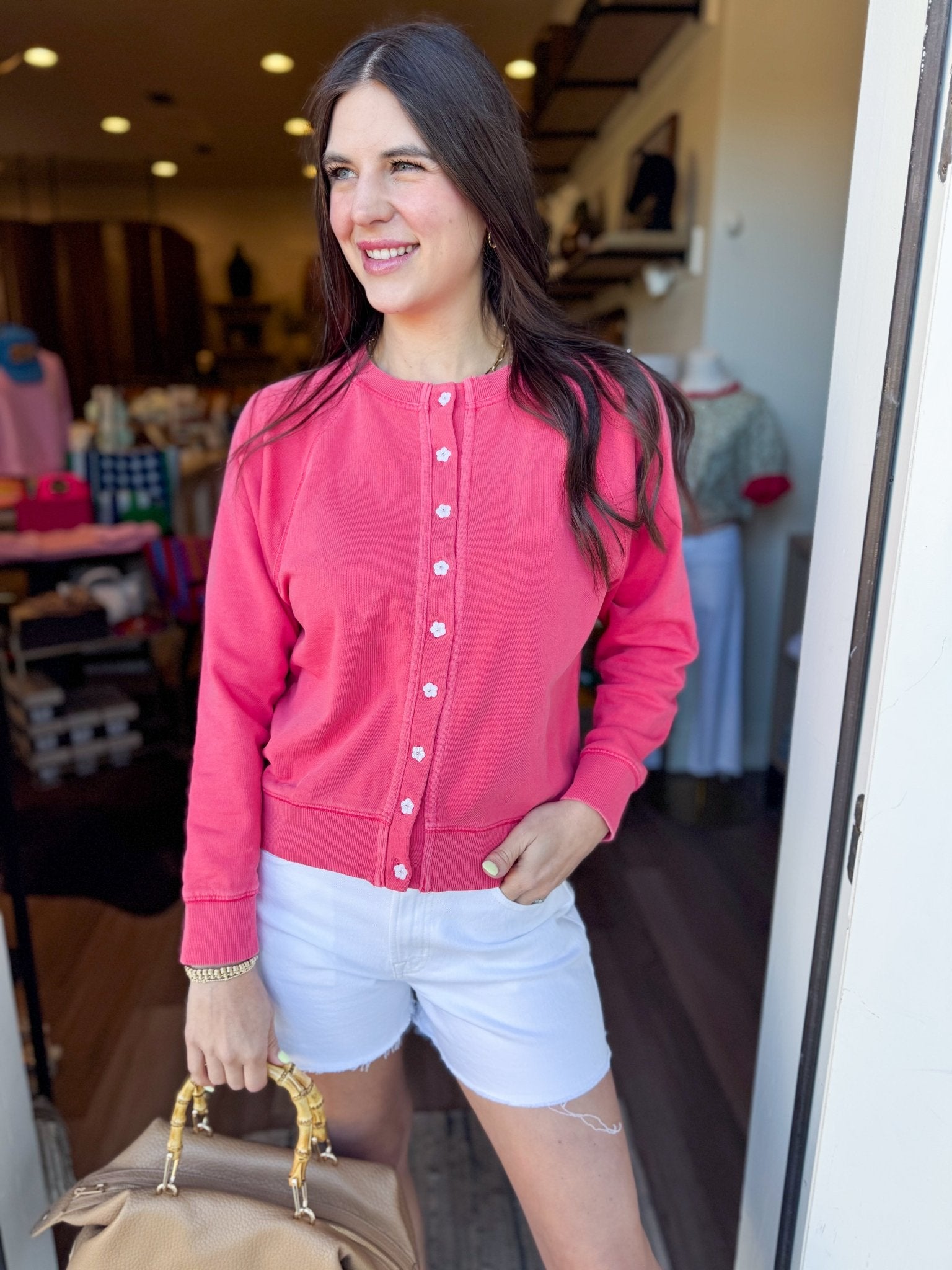 Vintage Wash Flower Button Cardigan – Poppy - Elk + Elm