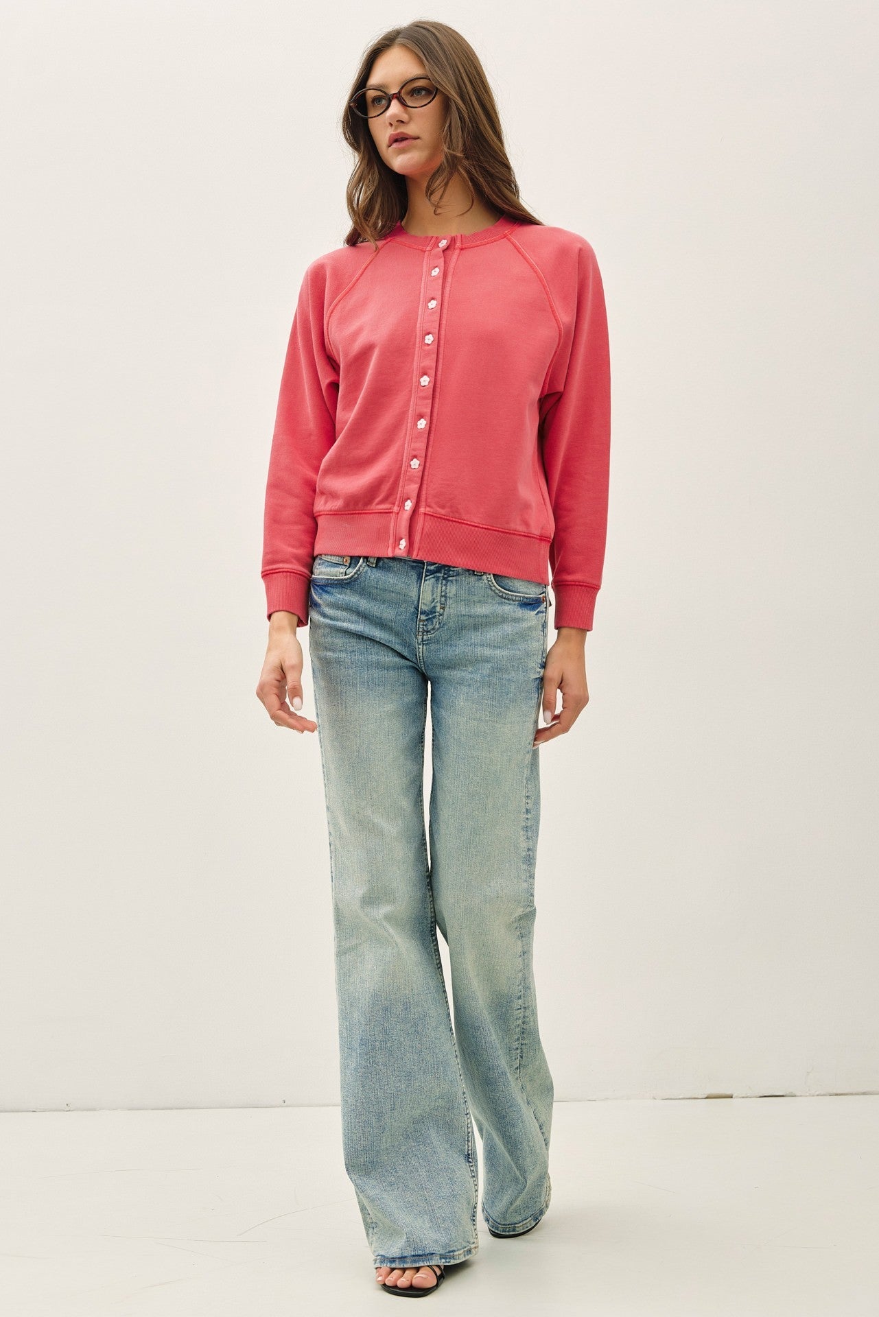 Vintage Wash Flower Button Cardigan – Poppy - Elk + Elm