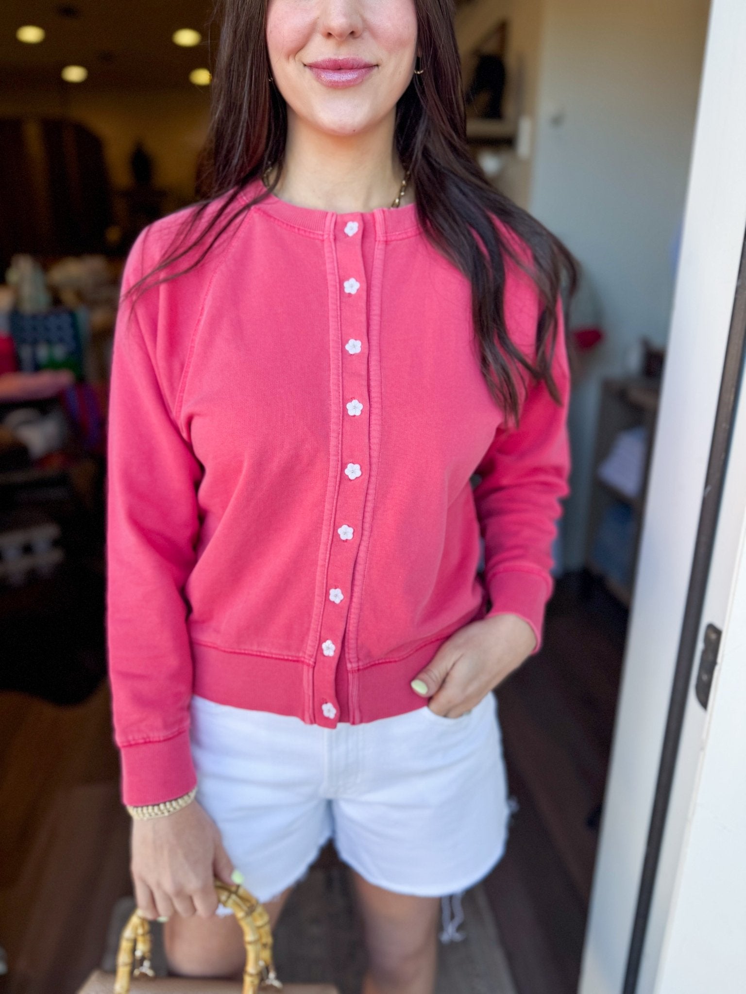 Vintage Wash Flower Button Cardigan – Poppy - Elk + Elm